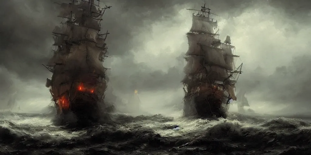 Prompt: A hyper realistic oil painting of a single pirate ship in a storm, dark clouds above, fog, lightning lights the sky, by Greg Rutkowski, hyper detailed, trending on artstation