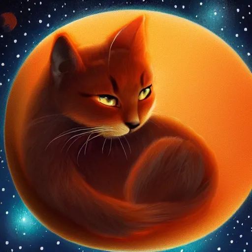 Prompt: A fuzzy orange cat sitting on planet earth, space with stars in the background, highly-detailed illustration, Artstation