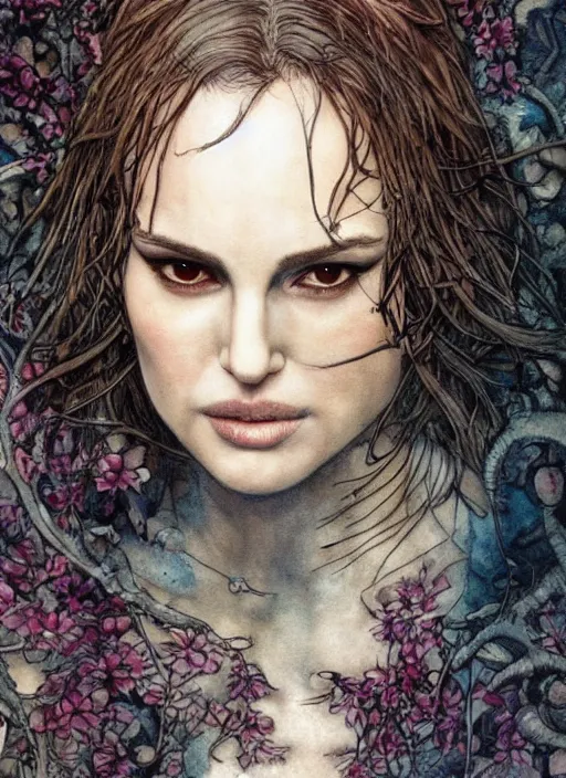 Image similar to realistic detailed painting of Natalie Portman by yoshitaka amano david mack and rebecca guay and arthur rackham and james jean, Neo-Gothic, gothic, rich deep colors