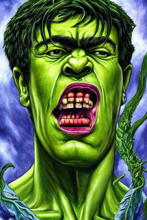 Image similar to ultra detailed incredible hulk portrait in the style of Frida Kahlo