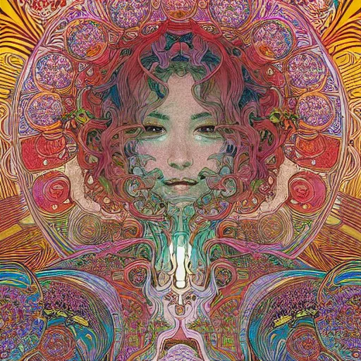 Prompt: intricate detailed maximalist hyperrealism psychedelic incredible beautiful gorgeous landscape of flowing reality and melting perception by victo ngai yoji shinkawa moebius jean girard shintaro kago junji ito esoteric hypnogogic alphonse mucha victo ngai