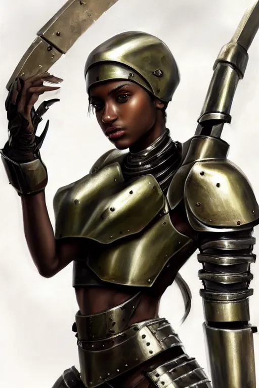 Image similar to a photorealistic painted portrait of an attractive young black girl, partially clothed in metal-plated battle armor, olive skin, long dark hair, flawless skin, beautiful bone structure, perfectly symmetric facial features, perfect photorealistic eyes, natural physique, intricate, elegant, digital painting, concept art, finely detailed, beautifully illustrated, sharp focus, minimal artifacts, from Metal Gear, by Ruan Jia and Mandy Jurgens and Artgerm and William-Adolphe Bouguerea, in the style of Greg Rutkowski, trending on Artstation, award winning art