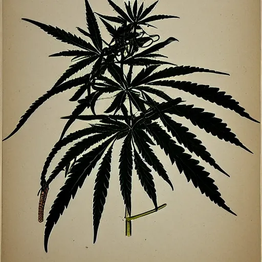 Image similar to marijuana plant in the style of a 1 9 th century botanical illustration