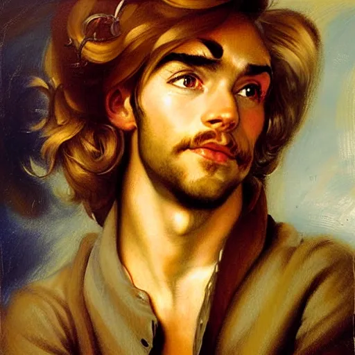 Prompt: beautiful portrait painting of Jim Hawkins from Treasure Planet with long curly blond hair, delicate young man wearing an open poet shirt smiling sleepily at the viewer, symmetrically parted curtain bangs, in love by Peter Paul Rubens and Norman Rockwell