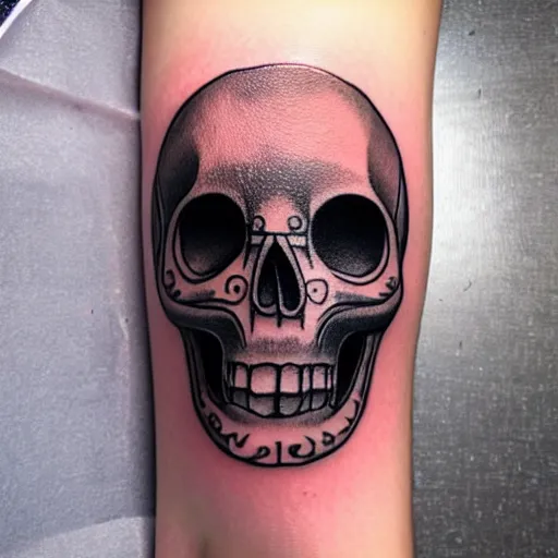 Image similar to tattoo design, stencil, tattoo stencil, traditional, a world famous tattoo of a geometric skull with a galaxy coming out of the top of its head-s 100