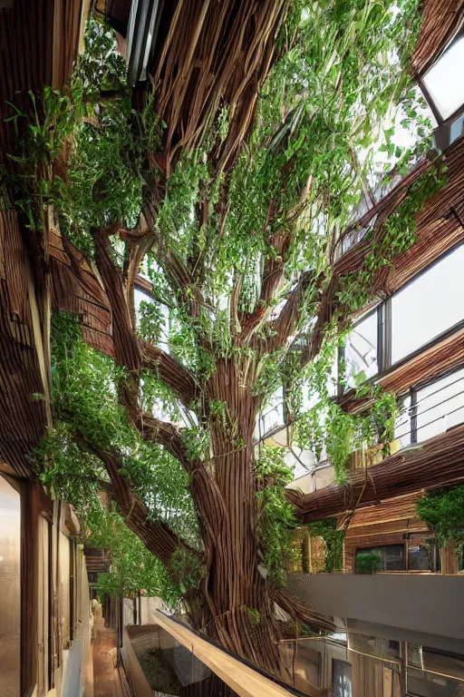 Image similar to urban atriums hyperdetailed hyperrealistic tree house, roots growing from bottom to ceiling, wooden modern decoration