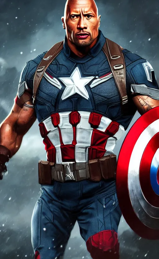 Image similar to dwayne johnson as captain america, dynamic lighting, cinematic, ultra detailed, trending on art station, stunning visuals, creative, fantasy concept art