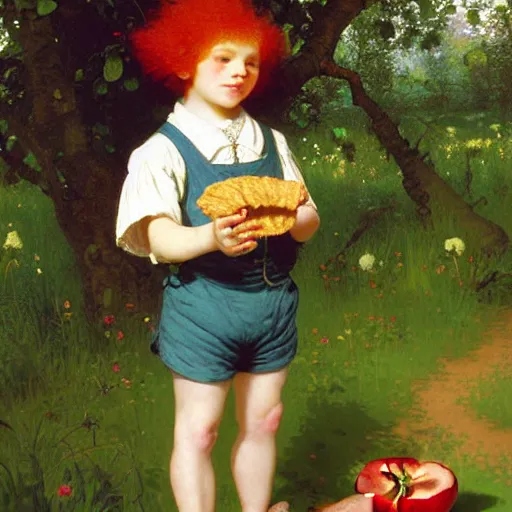 Prompt: wide - shot, 1 0 years old boy with slightly wavy! red hair, wearing white and pink shirt with laces! and green!! shorts, 1 8 th century, holding a piece of apple pie, sitting in the wild garden with apple trees, digital art, oil painting, masterpiece, by greg rutkowski, by mucha, by kinkade