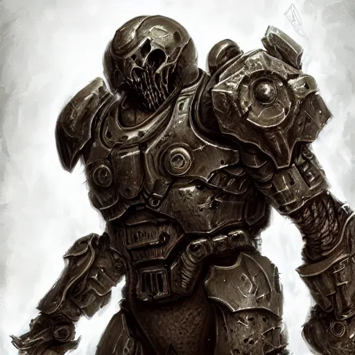 Prompt: fantasy art of doom guy, intricate, smooth detailed, marine armor, cgsociety, doom hell theme