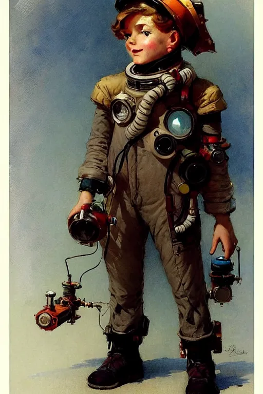 Image similar to ( ( ( ( ( 2 0 5 0 s retro future 1 0 year old boy super scientest in space pirate mechanics costume full portrait. muted colors. ) ) ) ) ) by jean baptiste monge, tom lovell!!!!!!!!!!!!!!!!!!!!!!!!!!!!!!