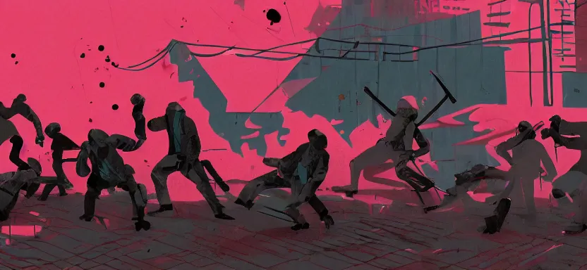 Image similar to handmade illustration of a violent street fight with weapons in an industrial room, line art, octane render with volumetric lighting, miniatures by wes anderson, cedric peyraavernay, waste processing machinery, bladerunner, green and red radioactive swamp, by Remedios Varo and Anato Finnstark and Greg Rutkowski, dayglo pink, dayglo blue, dazzle camouflage, 8k, trending on ArtStation