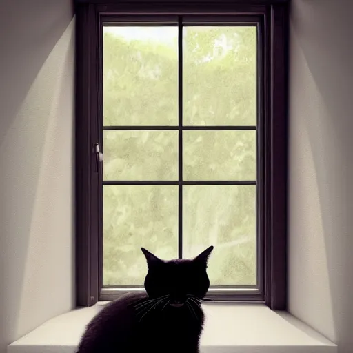 Prompt: peaceful dreamy painting of a content black cat sitting by a window, sunshine coming through the window, small plants on the window sill, 8k, highly detailed, trending on artstation, octane render
