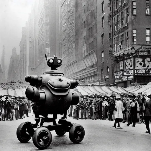 Prompt: old black and white photo, 1 9 1 3, depicting a retrofuturistic robot rampaging through the bustling streets of new york city, historical record