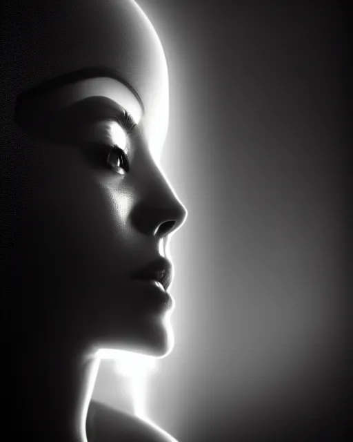 Image similar to black and white high quality photo of a beautiful female human-cyborg looking into a sci-fi mirror, volumetric lighting, liminal space, brutalism, foggy, dreamy, hyperdetailed, bokeh, photorealistic, cinematic, masterpiece, Metropolis, elegant, dark, octane render, 8K, in the style of H.R. Giger