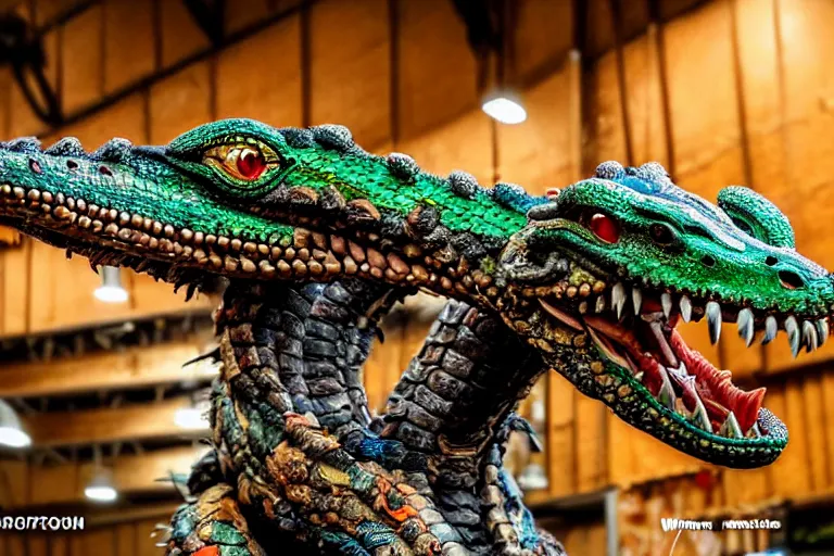 Image similar to photo taken of an epic intricate, ultra detailed, super realistic gritty, hero prop, exquisitely weathered animatronic movie prop of a lifelike sculpture of a quetzalcoatl dragon snake creature displayed in the workshop, created by weta workshop, full body shot, photorealistic, sharp focus