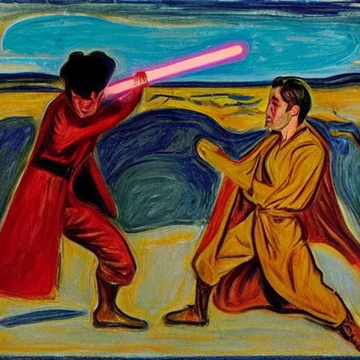 Prompt: jedis fighting on tatooine in the style of edvard munch