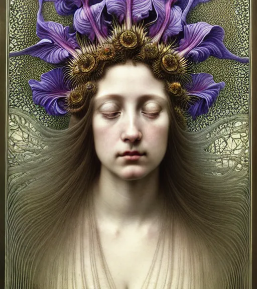 Prompt: beautiful young flower queen detailed realistic porcelain face portrait by jean delville, gustave dore, iris van herpen and marco mazzoni, art forms of nature by ernst haeckel, art nouveau, symbolist, visionary, gothic, neo - gothic, pre - raphaelite, fractal lace, intricate alien botanical biodiversity, surreality, hyperdetailed ultrasharp octane render