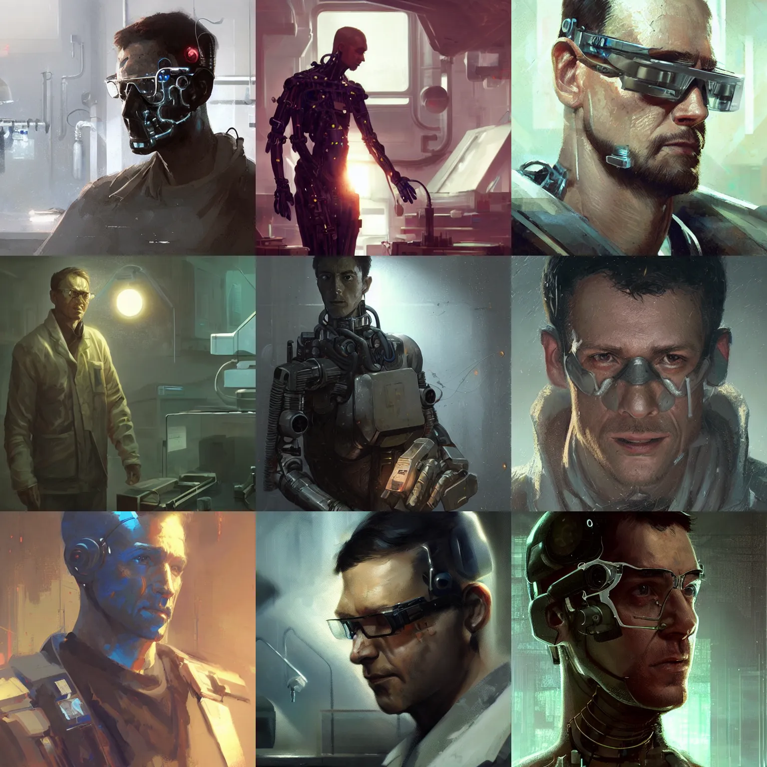Prompt: a laboratory operator man with cybernetic enhancements, scifi character portrait by greg rutkowski, craig mullins, cinematic lighting, dystopian scifi gear