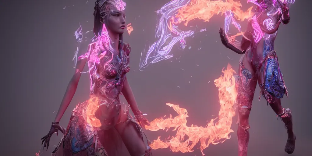 Prompt: pink and blue humanoid woman flaming phoenix, character portrait, unreal engine 5, intricate, detailed, realistic, masterpiece