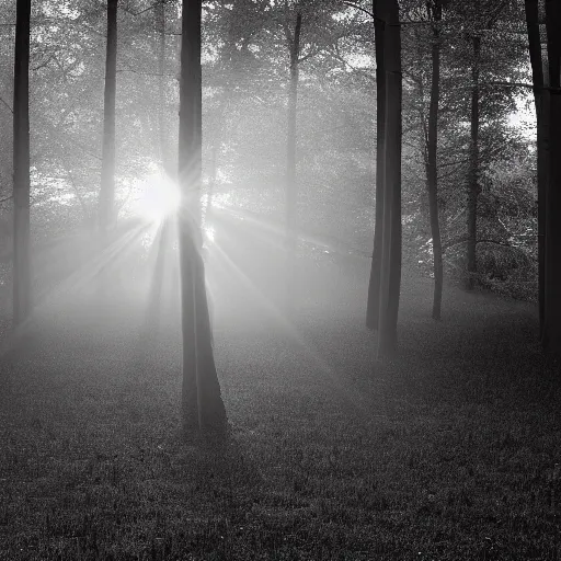 Prompt: Monochrome photo of a hovering glowing glass sphere in a misty forest at night with light rays behind the trees, (((children))) surrounding the sphere, motion blur, grainy Tri-x pushed to 3200, tilt-shift, holga