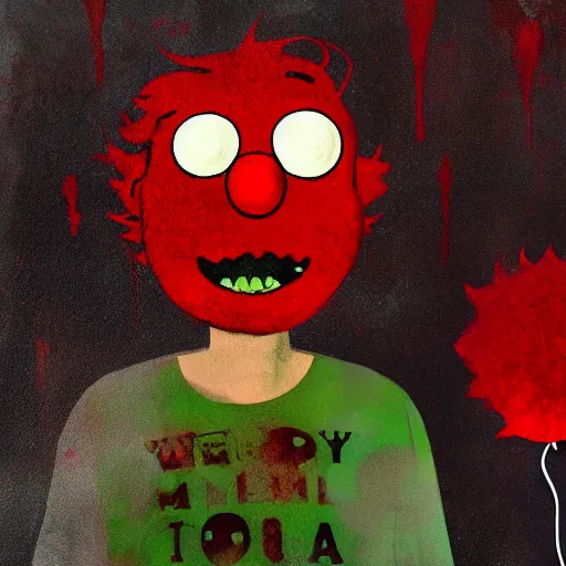 Image similar to grunge painting of elmo with a wide smile and a red balloon screenshot from rick and morty, creepy lighting, horror theme, detailed, elegant, intricate, conceptual