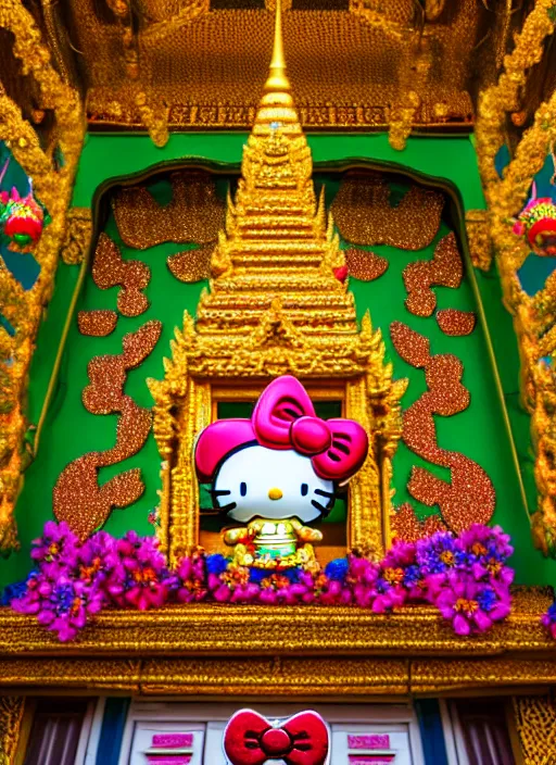 Prompt: emerald buddha temple with hello kitty theme, high lights, 4 k, high detailed photography, 5 0 mm lens, depth of field, cinematic