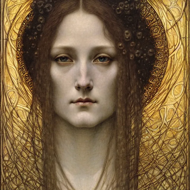 Image similar to detailed realistic beautiful young medieval queen face portrait by jean delville, gustave dore and marco mazzoni, art nouveau, symbolist, visionary, gothic, pre - raphaelite. horizontal symmetry