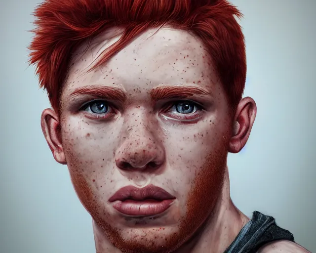 Prompt: portrait short and stocky of 1 9 - year - old male twins with red hair and freckles, two male, wearing shirts,, hyper realistic face, beautiful eyes, character art, art by mark brooks, hyperdetailed, cryengine, trending on artstation, digital art