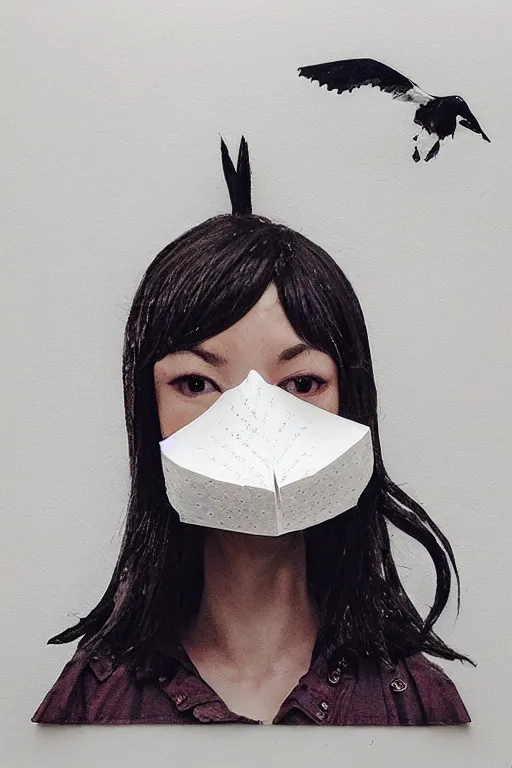 Image similar to female adventurer in tight full - body sticky note armor made out of several hundred sticky notes and a white porcelain crow mask, trending in artstation, japanese, artstation, establishing shot