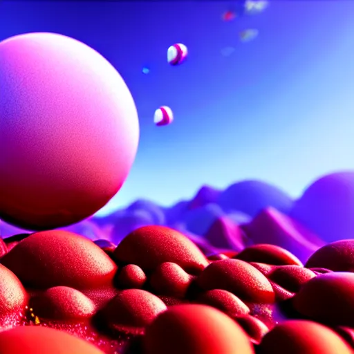 Image similar to a realistic planet made of candy with sea of milk and chocolate mountains, super realistic, unreal engine, octane render, 8 k