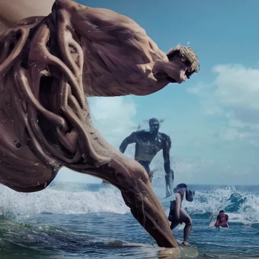 Prompt: A human titan creature emerges from the Ocean, people on the beach are running in panic. Wideshot, dramatic.