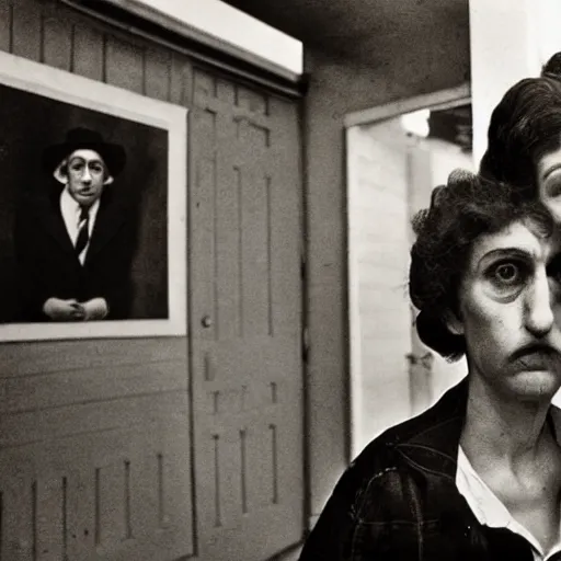 Prompt: high quality high detail photograph by diane arbus and vivian maier, hd, odd models acting weird, unusual, intense, psychological, photorealistic lighting