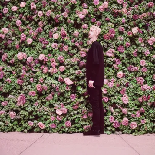 Image similar to kodak portra 4 0 0 photograph of a skinny blonde goth guy standing in front of floral wall, back view, moody lighting, telephoto, 9 0 s vibe, blurry background, vaporwave colors, faded!,