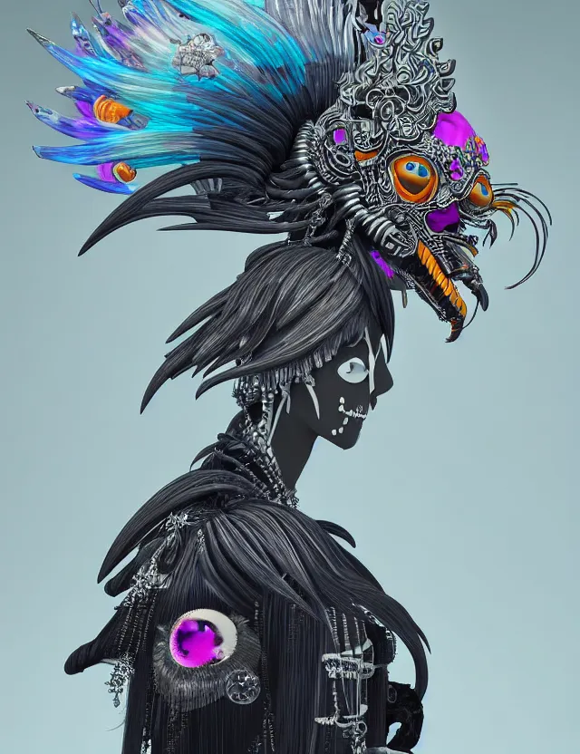 Image similar to 3 d goddess close - up profile simple portrait punk skull with mohawk with ram skull. beautiful intricately detailed japanese crow kitsune mask and clasical japanese kimono. betta fish, jellyfish phoenix, bio luminescent, plasma, ice, water, wind, creature, artwork by tooth wu and wlop and beeple and greg rutkowski