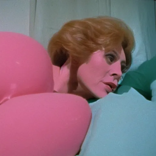 Image similar to still from a 1980 arthouse film about a depressed housewife dressed as a squishy inflatable toy who meets a handsome younger man in a seedy motel room, color film, 16mm soft light, weird art on the wall