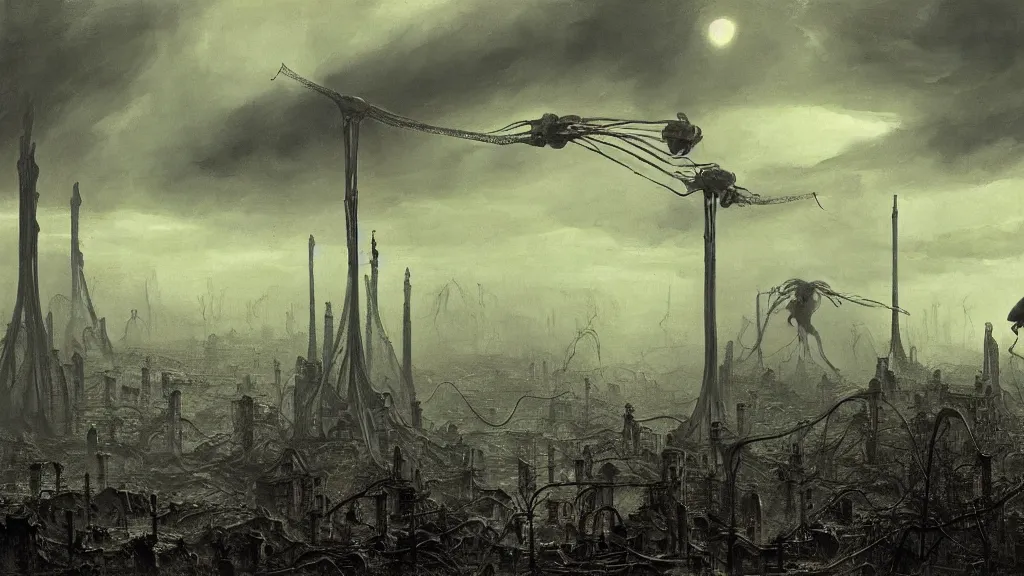 Image similar to war of the worlds, alien tripods over the ruins of 1 9 th century london by zdzislaw beksinski and bogdan rezunenko, intricate, detailed, volumetric lighting, sharp focus, scenery, photorealism, digital painting, highly detailed, concept art.