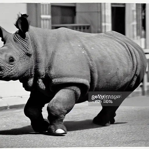 Prompt: photograph of a rhinoceros running down a crowded street