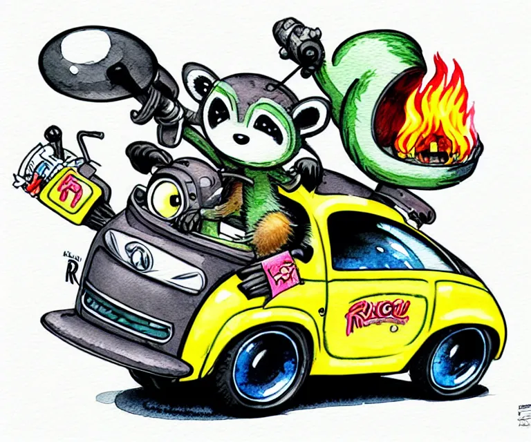 Image similar to cute and funny, racoon wearing a helmet with tiny flame stickers on it riding in a tiny hot rod coupe with oversized engine, ratfink style by ed roth, centered award winning watercolor pen illustration, isometric illustration by chihiro iwasaki, edited by range murata