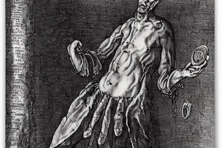 Image similar to anatomical diagram of a snake oil salesman by Albrecht Dürer