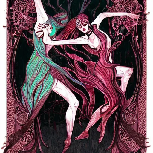 Prompt: two dancers, art nouveau, chaos, night, rot, blood, epic art, dark souls, ultra realistic, breathtaking, trending on artstation