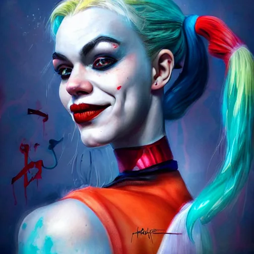 Image similar to Portrait of Harley Quinn but she's a beautiful ape-girl with long pony tails on either side of her head, illustration, by James Jean, artgerm, octane render, by John Coltrane and Marc Simonetti, Manic, graffiti background, kinemacolor, colorful, high detail of the face, full body