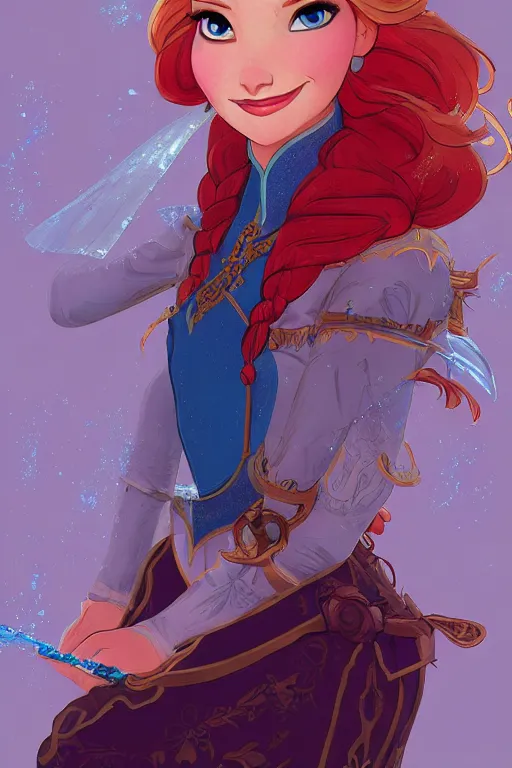 Image similar to elsa from frozen as steampunk, red hair, high fantasy, dnd, smooth, sharp focus, illustration, highly detailed, digital painting, artstation, concept art, by disney animation, rossdraws, alphonse mucha, frank fanzzeta, collectible card art