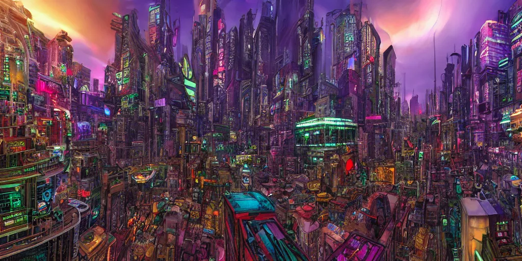 Image similar to streetview equirectangular 360 photo of cyberpunk metropolis, colorful, by Andy Thomas, Mario Martinez, Daniel Mirante, Gustave Dore, Artstation, CGsociety, masterpiece