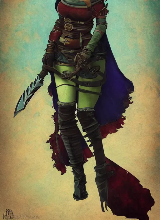 Image similar to ultra realistic photo of medieval chubby beautiful rogue hunter demon girl, full body, rule of thirds, saturated colors, cinematic, mignola, mucha