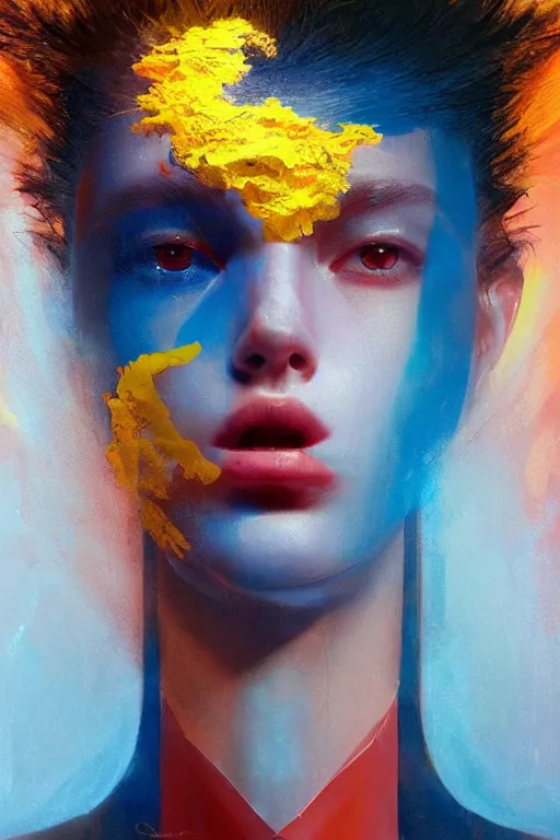 Image similar to 3 d, sci - fi, sun rays, sleepy fashion model face, yellow faces, cinematic, vogue cover style, poster art, light red and deep blue mood, realistic painting, intricate oil painting, high detail, figurative art, multiple exposure, poster art, 3 d, by tooth wu and wlop and beeple and greg rutkowski