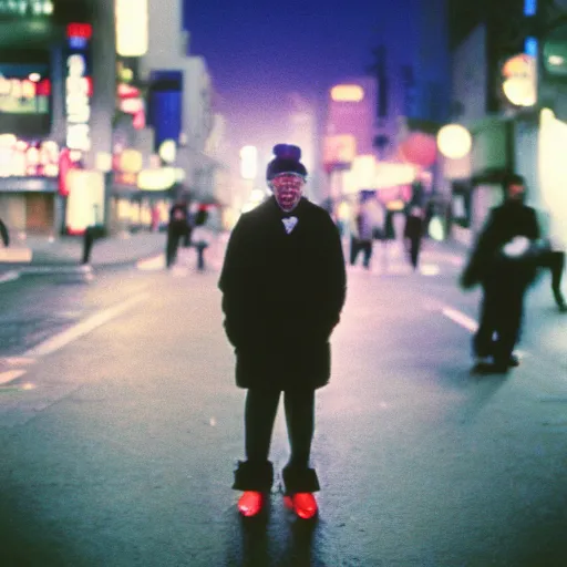 Image similar to old black man in tokyo at night, wearing ski goggles, cinestill 8 0 0,