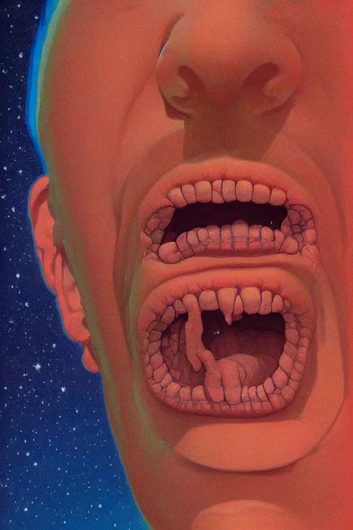 Image similar to a scifi closeup portrait of a young american man licking a blotter paper of LSD acid on his tongue and dreaming psychedelic hallucinations in cosmos, by kawase hasui, moebius, Edward Hopper and James Gilleard, Zdzislaw Beksinski, Steven Outram colorful flat surreal design, hd, 8k, artstation