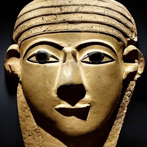 Prompt: Ancient Egyptian burial mask in the shape of troll face