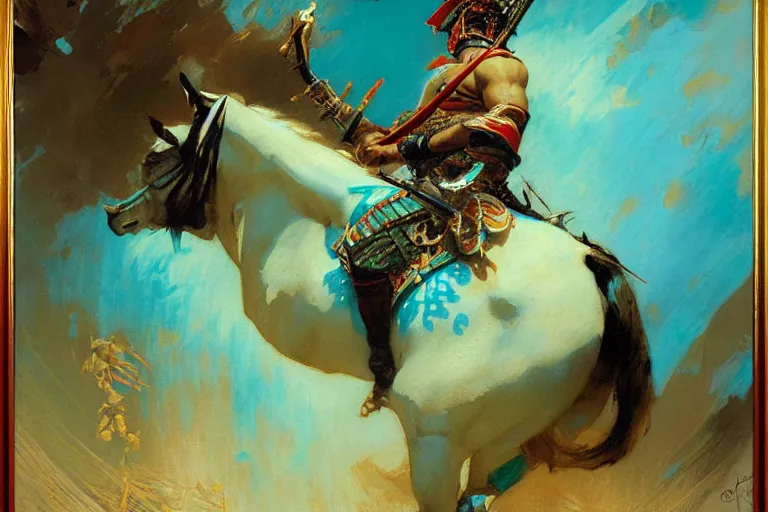 Prompt: turquoise samurai painting by gaston bussiere, craig mullins, j. c. leyendecker