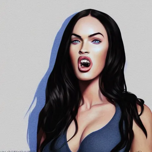 Prompt: megan fox sticking her tongue out at camera. long tongue! hyperrealistic portrait, photo realistic, poster, artstation, volumetric lighting, digital art, very detailed face by magali villeneuve